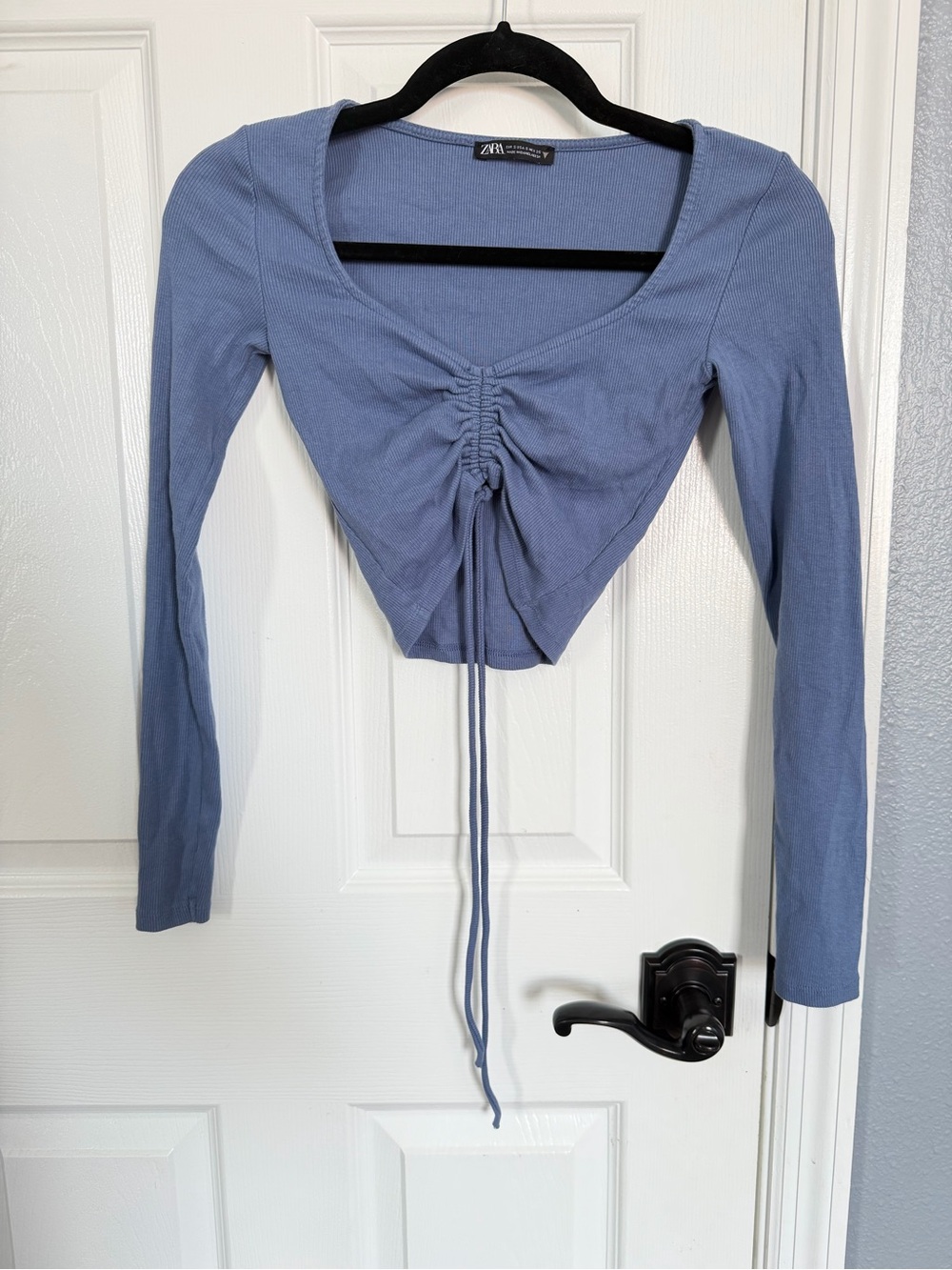 Zara Dusty Blue Ruched Drawstring Long-Sleeve Crop Top